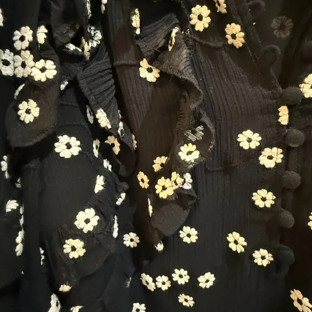 Rebecca Taylor Black Daisy Floral Ruffle Blouse Size 2 — Romantic Silk Top - Picture 4 of 8